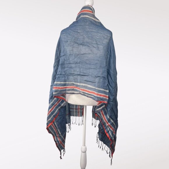 Vintage Blue Orange White Striped Fringe Scarf Rectangle Wrap Shawl - Picture 5 of 8